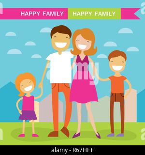 Happy family of four members parents,their son and daughter. Lovely cartoon characters on nature sunny summer day background.Vector illustration Stock Vector
