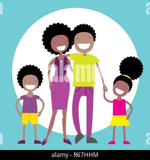 Happy African American family of four members parents,their son and daughter. Lovely cartoon characters.Vector illustration Stock Vector