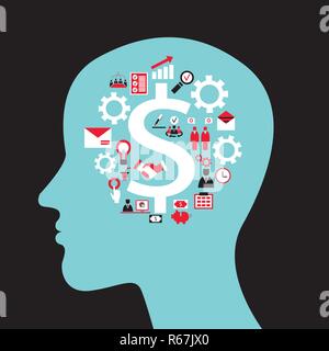Infographics concept with head profile, brain, gears and business icons. Vector illustration Stock Vector