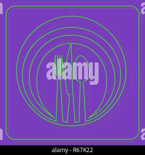 art icon for cafe, fast food cafe out of contours on uv background plate spoon fork knife Stock Vector