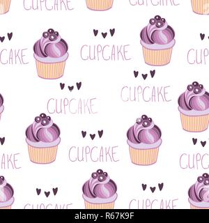 Beautiful yummy blueberry cupcake seamless background pattern. Vector illustration Stock Vector
