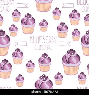 Beautiful yummy blueberry cupcake seamless background pattern. Vector illustration Stock Vector