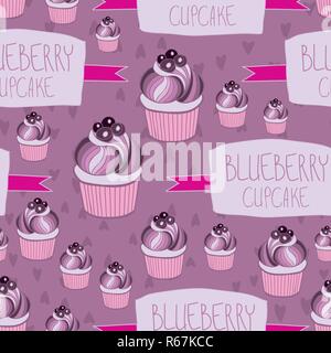 Beautiful yummy blueberry cupcake seamless background pattern. Vector illustration Stock Vector