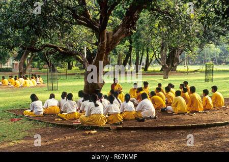 Indian children studying under mango tree in shanti niketan Shantiniketan garden bolpur birbhum calcutta kolkata west bengal india asia Stock Photo