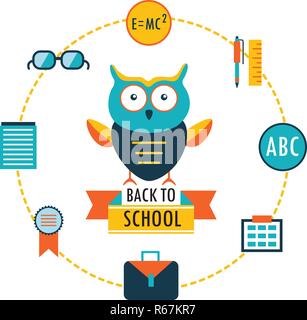 Back to school background with study theme icons Lovely cartoon owl Vector illustration Stock Vector