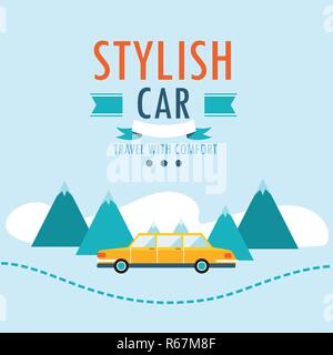 Car on the road. Stylish car, travel with comfort. Flat design background template. Vector illustration Stock Vector