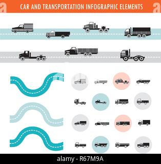 Car and transportation infographic elements and icons set. Truck cars on the road. Vector illustration Stock Vector