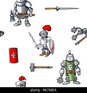 Medieval hand drawn seamless pattern armored knights warrior weapons background Stock Vector