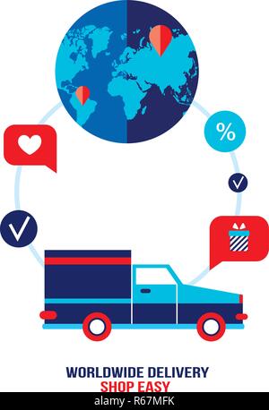 Worldwide delivery shipping Shopping car on the road. Vector illustration Stock Vector
