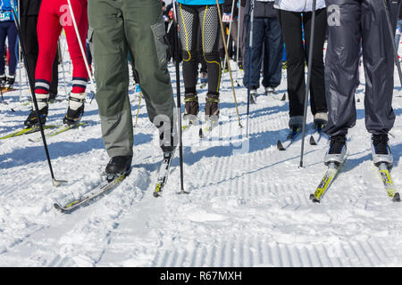 ALMATY, KAZAKHSTAN - FEBRUARY 18, 2017: amateur competitions in the discipline of cross-country skiing, under the name of ARBA Ski Fest. A large numbe Stock Photo