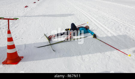 ALMATY, KAZAKHSTAN - FEBRUARY 18, 2017: amateur competitions in the discipline of cross-country skiing, under the name of ARBA Ski Fest. The joy at th Stock Photo
