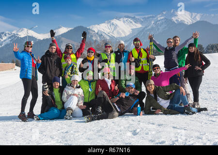 ALMATY, KAZAKHSTAN - FEBRUARY 18, 2017: amateur competitions in the discipline of cross-country skiing, under the name of ARBA Ski Fest. Group of youn Stock Photo