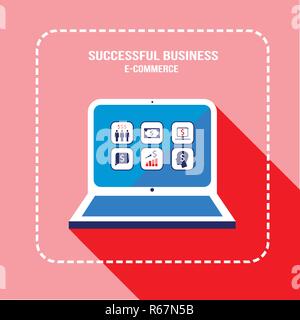 Laptop computer with business web icons on the screen. E-commerce, money earning online, profit and partnership, successful business concept. Vector i Stock Vector