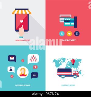 Shop online. Set of flat design icons for your business. Shopping,easy payment and fast delivery concept. Vector illustration Stock Vector
