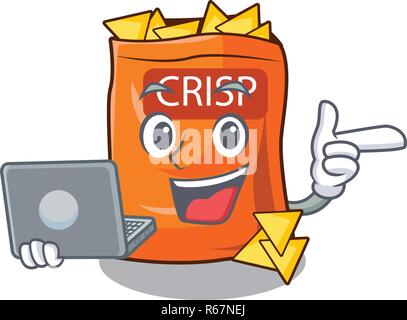 With laptop snack food sticks chisp on cartoon vector illustration Stock Vector