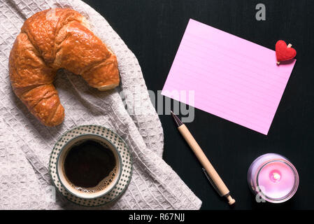 Blank paper note and coffee with croissant Stock Photo
