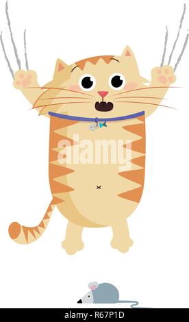 Vector illustration of cute cartoon ginger cat character frightened and escaping of mouse bangles being scary. Crying pet clip art isolated on white b Stock Vector