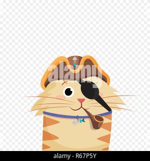 Vector illustration of cute cartoon ginger male pirate cat boy character portrait in pirates hat and eye bandage with smoke pipe isolated on transpare Stock Vector