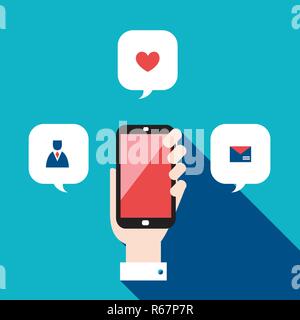 Hand holding mobile phone with icons and speech bubbles Social network concept Vector illustration Stock Vector