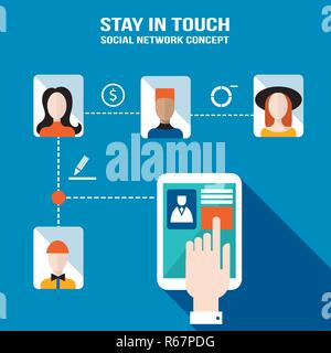 Businessman hand touching the tablet screen with web icons Stay in touch social network and e-commerce successful business concept Vector illustration Stock Vector