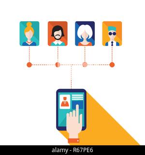 Businessman hand touching the tablet screen with web icons Stay in touch social network and e-commerce successful business concept Vector illustration Stock Vector