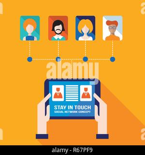 Businessman hand touching the tablet screen with web icons Stay in touch social network and e-commerce successful business concept Vector illustration Stock Vector