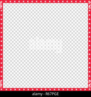 Cute square red and white photo frame made of animal paws prints on transparent background. Vector template, border, framework, poster, banner, scrapb Stock Vector