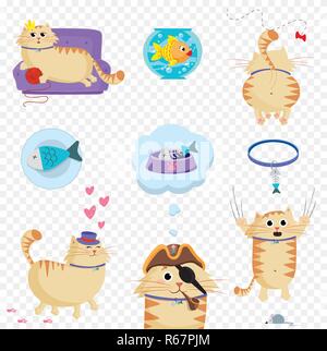 Vector set of cute cartoon ginger cat character in different situations on transparent background. Naughty cat's life routine situation and pet access Stock Vector