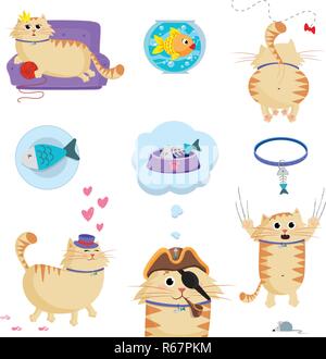Vector set of cute cartoon ginger cat character in different situations isolated on white background. Naughty cat's life routine situation and pet acc Stock Vector