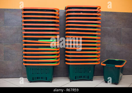 many green Colorful plastic basket in the markets Stock Photo