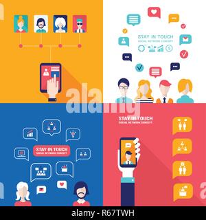 Social Network Technology Banner set People using various electronic devices Tablet and Mobile phone applications Stock Vector
