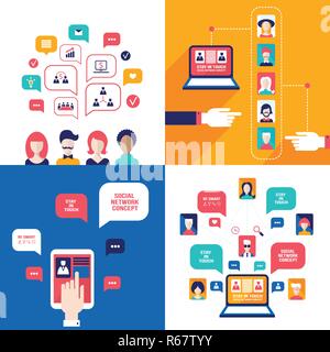 Social Network Technology Banner set People using various electronic devices Tablet Computer Laptop applications Stock Vector