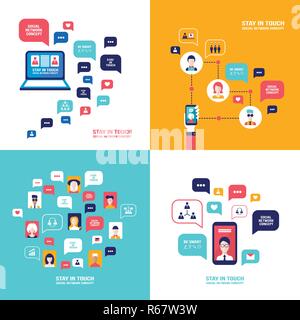Social Network Technology Banner set People using various electronic devices to communicate Stock Vector