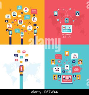 Social Network Technology Banner set People using various electronic devices Computer Tablet Mobile phone applications Stock Vector