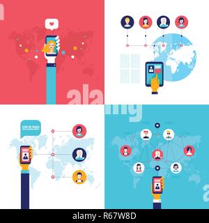 Social Network Technology Banner set People using various electronic devices Tablet and Mobile phone applications Stock Vector