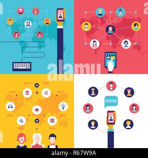 Social Network Technology Banner set People using various electronic devices Tablet and Mobile phone applications Stock Vector