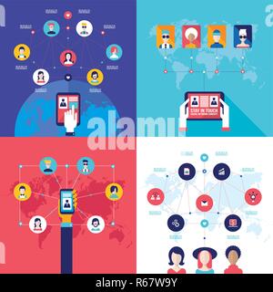 Social Network Technology Banner set People using various electronic devices Tablet and Mobile phone applications Stock Vector