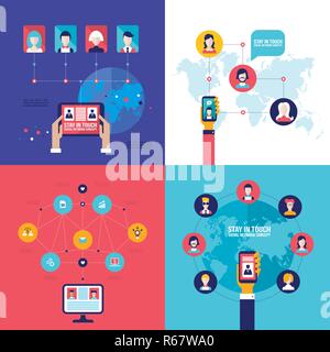 Social Network Technology Banner set People using various electronic devices Tablet and Mobile phone applications Stock Vector