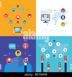 Social Network Technology Banner set People using various electronic devices Tablet and Mobile phone applications Stock Vector