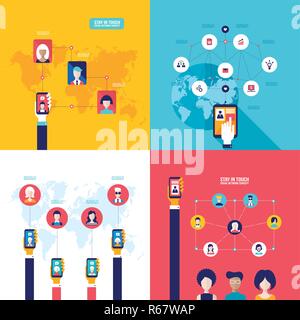 Social Network Technology Banner set People using various electronic devices Tablet and Mobile phone applications Stock Vector