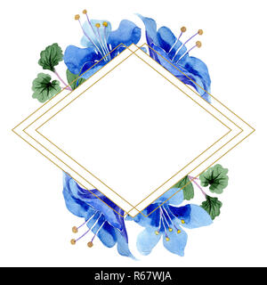 Blue phacelia flower. Green leaf wildflower. Watercolor background illustration set. Frame golden rhombus. Stock Photo