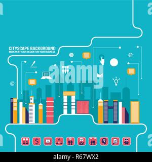 City social network Urban landscape filled with business icons communication concept City infographic elements Modern flat design style Vector illustr Stock Vector