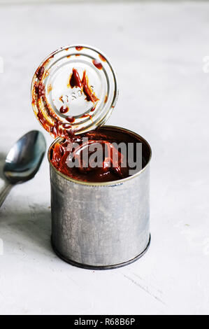 Close up of dulce de leche caramel in a can tin. Stock Photo