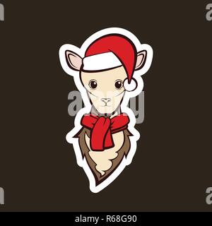 Head of a young sheep. Drawing on a black background. Vector illustration sticker. Christmas animals. Stock Vector