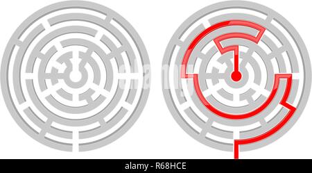 Round maze with solution. With and without red path to center Stock Vector