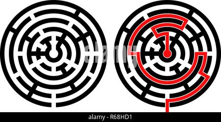 Black round maze with solution. With and without red path to center Stock Vector