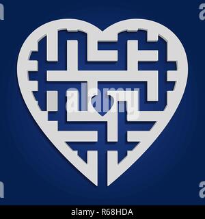 Maze in heart shape. Gray labyrinth on blue background Stock Vector