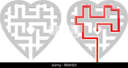 Heart shape maze with solution. With and without red path to center Stock Vector