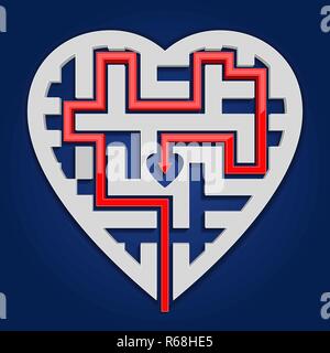 Maze in heart shape. Gray labyrinth on blue background with red path to center Stock Vector