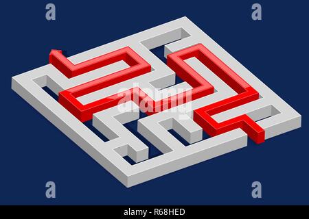 3d maze with red path. On blue background Stock Vector